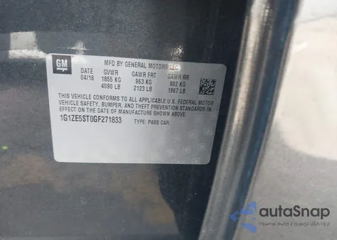 2016 Chevrolet Malibu 1Lt z USA, uszkodzony, nr VIN 1G1ZE5ST0GF271833